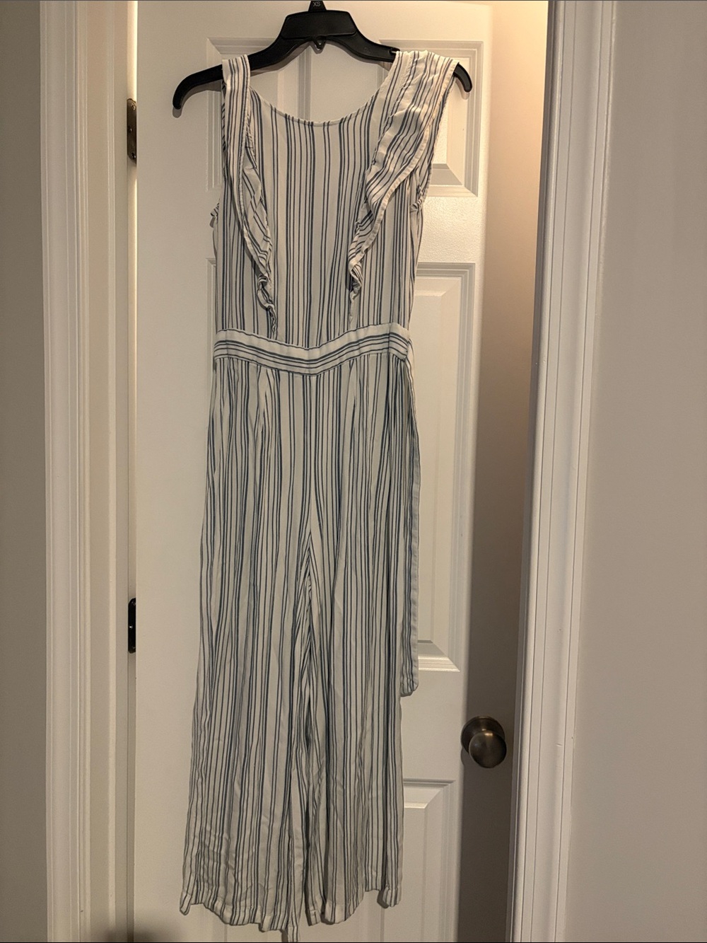 LC Lauren Conrad White Jumpsuit with Navy Stripes and Ruffle Shoulders